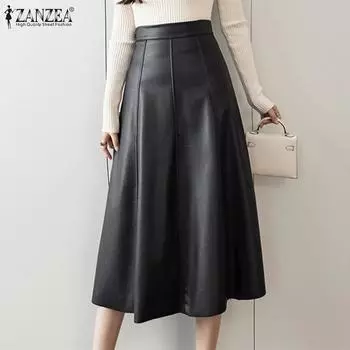 ZANZEA Женские длинные юбки трапециевидной формы из искусственной кожи с высокой талией в стиле пэчворк S чёрный