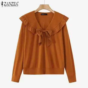 ZANZEA Женские осенние футболки с длинным рукавом и оборками на лацканах S синий