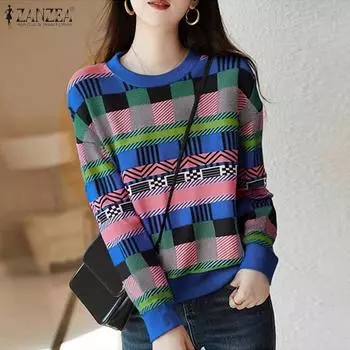 ZANZEA Женские футболки с круглым вырезом и длинным рукавом в цветную клетку S синий