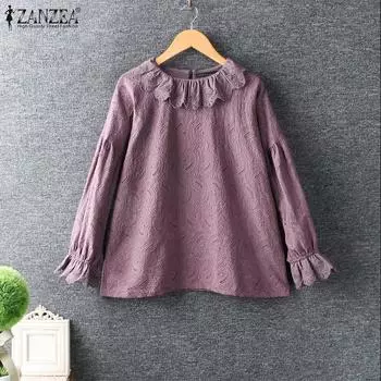 ZANZEA Женские хлопковые кружевные блузки с длинным рукавом и принтом S бежевый