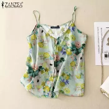 ZANZEA Женские хлопковые майки без рукавов с V-образным вырезом и принтом 4XL фиолетовый