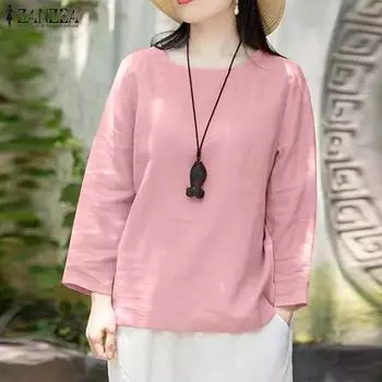 ZANZEA Женские хлопковые однотонные блузки с круглым вырезом и длинным рукавом S жёлтый