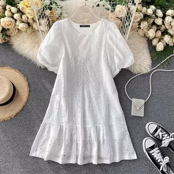 ZANZEA Женские хлопковые платья А-силуэта с круглым вырезом и короткими рукавами-фонариками и кружевом
