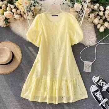 ZANZEA Женские хлопковые платья А-силуэта с круглым вырезом и короткими рукавами-фонариками и кружевом M