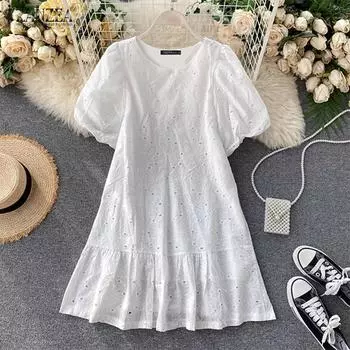 ZANZEA Женские хлопковые платья А-силуэта с круглым вырезом и короткими рукавами-фонариками и кружевом S белый