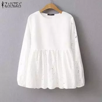 ZANZEA Женские хлопковые свободные блузки с круглым вырезом и длинным рукавом из кружева S темно-синий