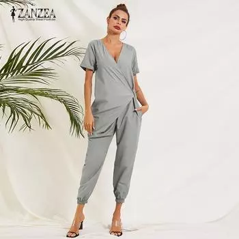 ZANZEA женские комбинезоны с v-образным вырезом и короткими рукавами, комбинезон, свободные повседневные длинные комбинезоны