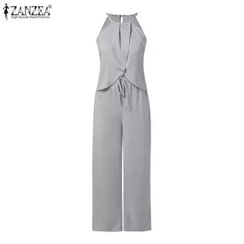 ZANZEA Женские комплекты без рукавов с бретельками, нестандартные топы и повседневные брючные костюмы S серый