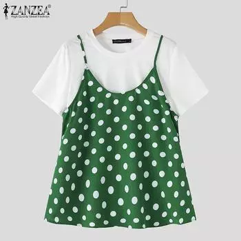 ZANZEA Женские комплекты блузок с коротким рукавом и принтом в горошек S зелёный