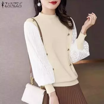 ZANZEA Женские кружевные футболки с круглым вырезом и длинным рукавом из двух частей S розовый