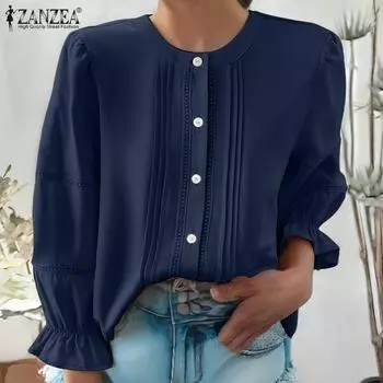 ZANZEA Женские рубашки с круглым вырезом и длинным рукавом в полоску с кружевом S белый