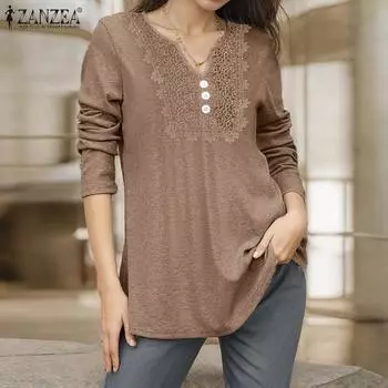 ZANZEA Женские кружевные вязанные крючком пэчворк повседневные футболки с V-образным вырезом и длинным рукавом M хаки