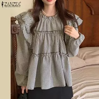 ZANZEA Женские летние блузки-фонарики с круглым вырезом и длинным рукавом в клетку S коричневый