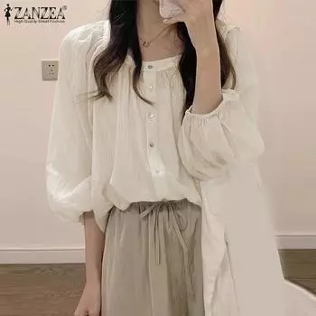 ZANZEA Женские летние блузки-фонарики с квадратным вырезом и рукавом 3/4 S синий