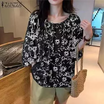 ZANZEA Женские летние блузки с цветочным принтом и U-образным вырезом, рукавами 3/4 S чёрный