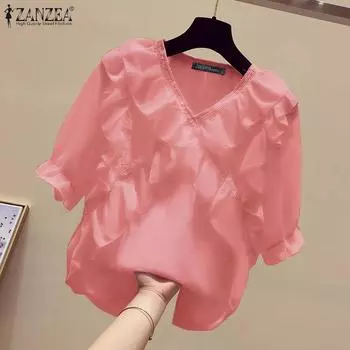 ZANZEA Женские летние блузки с коротким рукавом и V-образным вырезом и оборками S белый