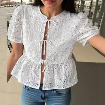 ZANZEA Женские летние блузки с круглым вырезом и короткими рукавами с кружевом 3XL