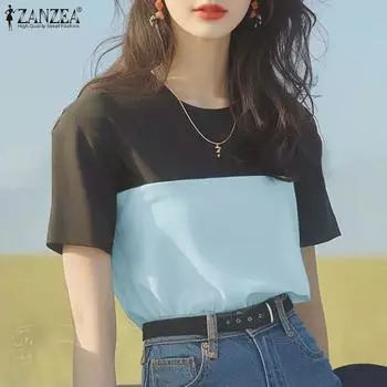 ZANZEA Женские летние блузки с круглым вырезом и коротким рукавом в стиле колор-блок 3XL синий