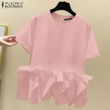 ZANZEA Женские летние блузки с круглым вырезом и коротким рукавом с декоративными завязками S чёрный