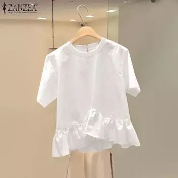 ZANZEA Женские летние блузки с круглым вырезом и коротким рукавом, оборками и неровным подолом 4XL белый