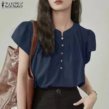 ZANZEA Женские летние блузки с круглым вырезом и коротким рукавом 5XL серый