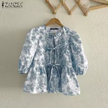 ZANZEA Женские летние блузки с круглым вырезом и коротким рукавом с цветочным принтом M синий