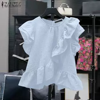 ZANZEA Женские летние блузки с круглым вырезом и короткими рукавами с оборками 5XL красный