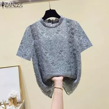 ZANZEA Женские летние блузки с круглым вырезом и коротким рукавом с кружевом 4XL белый