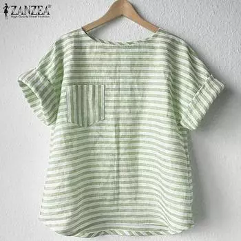 ZANZEA Женские летние блузки с круглым вырезом и коротким рукавом в контрастную полоску M зелёный