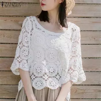 ZANZEA Женские летние блузки с круглым вырезом и коротким рукавом, кружевной волнистый подол S белый
