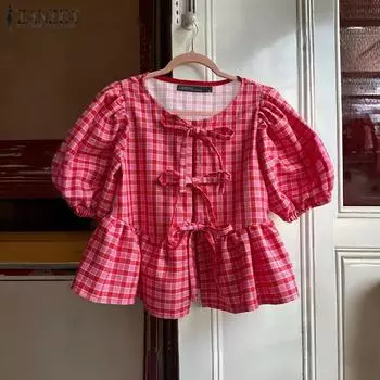 ZANZEA Женские летние блузки с круглым вырезом и короткими рукавами в клетку L красный