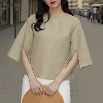 ZANZEA Женские летние блузки с круглым вырезом и разрезом на рукаве 3/4 M хаки