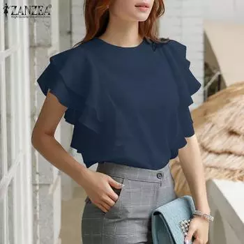 ZANZEA Женские летние блузки с круглым вырезом и короткими рукавами и оборками 2XL белый