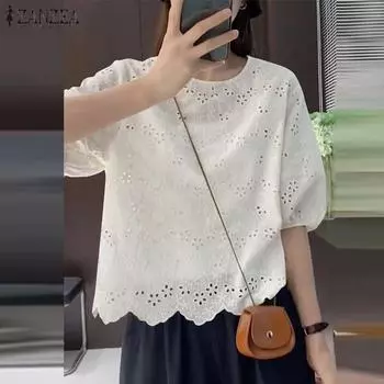 ZANZEA Женские летние блузки с круглым вырезом и коротким рукавом, с волнистым подолом и кружевом S белый