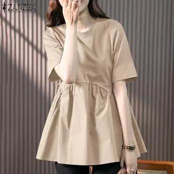 ZANZEA Женские летние блузки с круглым вырезом и коротким рукавом в складку S темно-синий