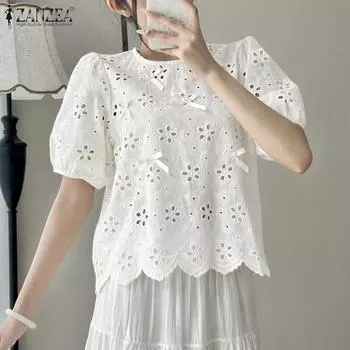 ZANZEA Женские летние блузки с круглым вырезом и коротким рукавом с принтом S белый