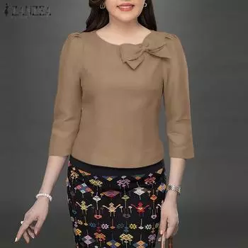 ZANZEA Женские летние блузки с круглым вырезом и рукавом-пузырем на талии 3/4 S фиолетовый