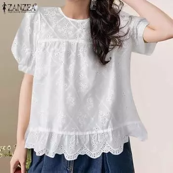 ZANZEA Женские летние блузки с круглым вырезом и коротким рукавом с принтом S белый