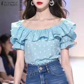 ZANZEA Женские летние блузки с круглым вырезом и коротким рукавом в горошек с оборками 3XL синий