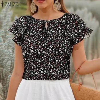 ZANZEA Женские летние блузки с круглым вырезом и коротким рукавом с оборками и цветочным принтом S чёрный