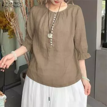 ZANZEA Женские летние блузки с круглым вырезом и коротким рукавом S розовый