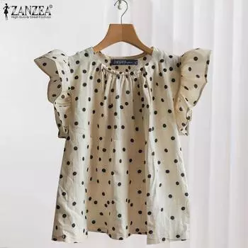 ZANZEA Женские летние блузки с круглым вырезом и оборками на рукавах в горошек 3XL бежевый