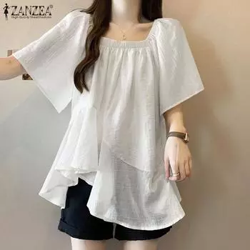 ZANZEA Женские летние блузки с квадратным вырезом и короткими рукавами и оборками XL белый