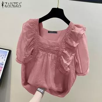 ZANZEA Женские летние блузки с квадратным вырезом, оборками и короткими рукавами, кружевом S розовый