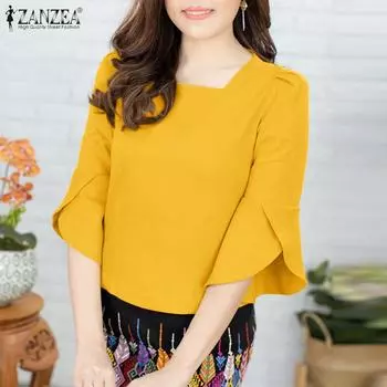ZANZEA Женские летние блузки с квадратным вырезом и рукавами-фонариками 3/4 S жёлтый