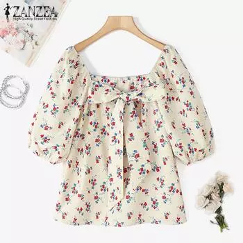 ZANZEA Женские летние блузки с квадратным вырезом и коротким рукавом с цветочным принтом S бежевый