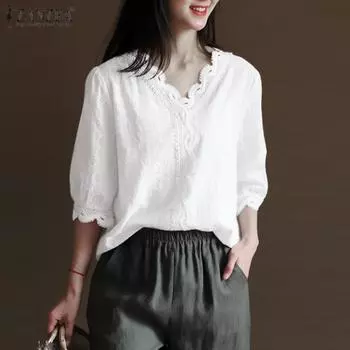 ZANZEA Женские летние блузки с V-образным вырезом и коротким рукавом с кружевным принтом S белый