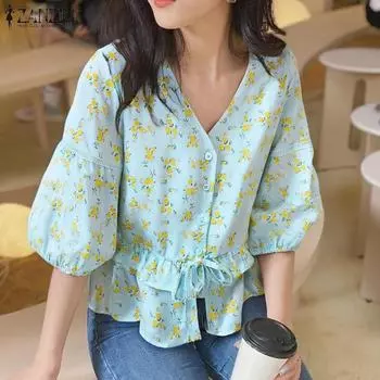 ZANZEA Женские летние блузки с V-образным вырезом и короткими рукавами с цветочным принтом S белый