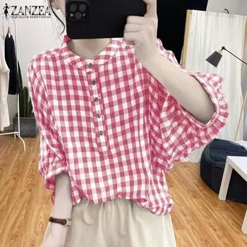 ZANZEA Женские летние блузки в клетку с круглым вырезом и рукавом 3/4 S синий