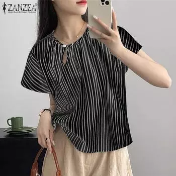 ZANZEA Женские летние блузки в полоску с круглым вырезом и коротким рукавом S белый